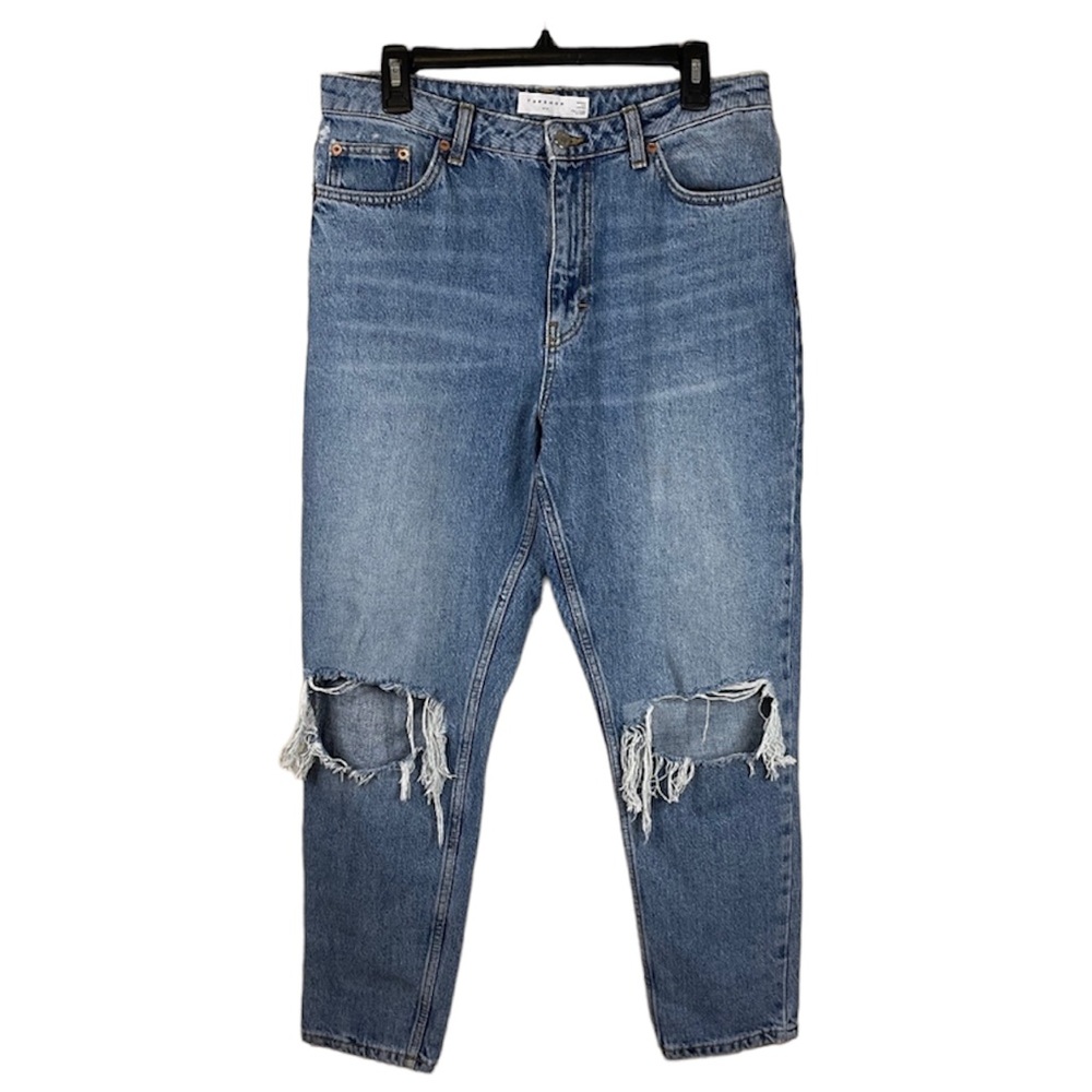Topshop Mom High Waist Denim Blue Distressed Jeans